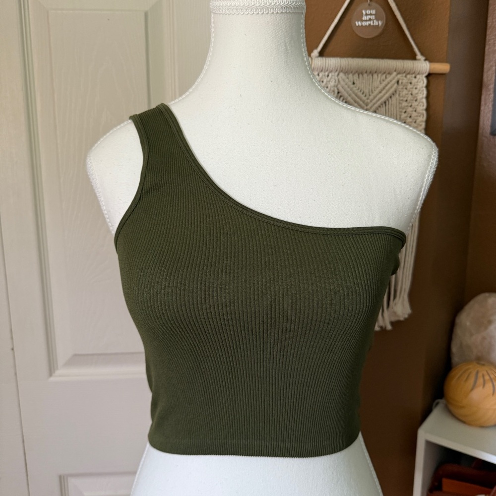 Vintage Choices Army Green Ribbed One Shoulder Cropped Tank / One Size fits L - Picture 1 of 3